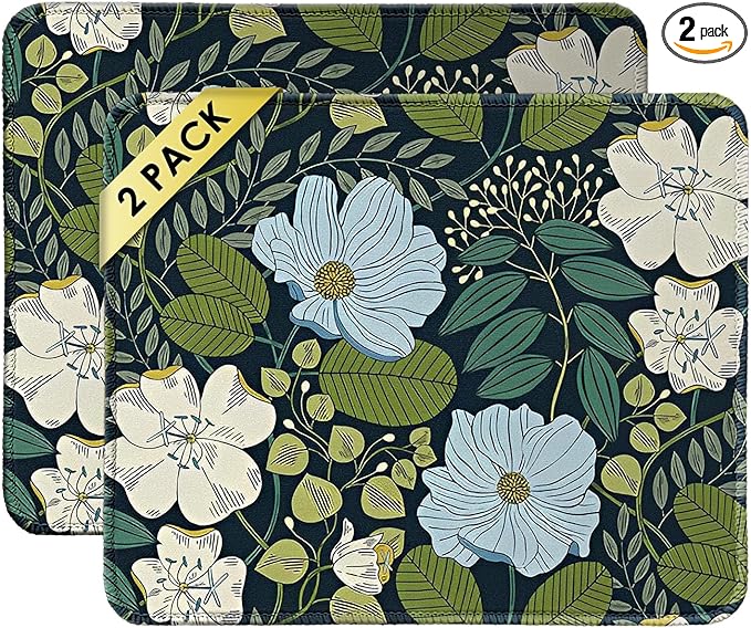 Square Mouse Pad with Stitched Edge, Premium Mousepad Washable Cloth. Computer Mouse Pad with Non-Slip Rubber Base, Mouse Pads for Computers Laptop Mouse 9.25x7.75x0.12 inch-Olive Floral-2 Pack