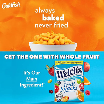 Goldfish and Welch’s Fruit Snacks for Back to School, 1 Box of Goldfish Cheddar Cheese Cracker Packs (20 Count) and 1 Box of Welch’s Mixed Fruit Snack Packs (40 Count)