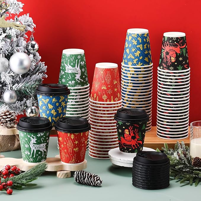 Foaincore 100 Sets Christmas Disposable Coffee Cups 12 oz Insulated Ripple Wall Paper Cup with Lid, Xmas Disposable Coffee Espresso Cups for Tea Cold Hot Drinking Party Supplies (Warm)