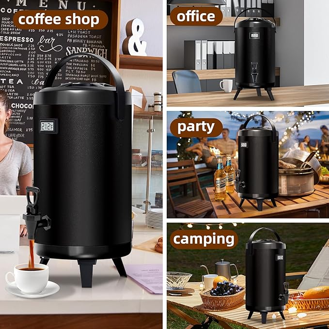 Insulated Beverage Dispenser - Thermal Hot and Cold Tea Dispenser - Stainless Steel 12L/3.2Gal with Spigot for Hot Coffee & Tea, Cold Milk & Juice - Black