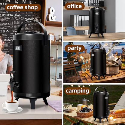 Insulated Beverage Dispenser - Thermal Hot and Cold Tea Dispenser - Stainless Steel 12L/3.2Gal with Spigot for Hot Coffee & Tea, Cold Milk & Juice - Black