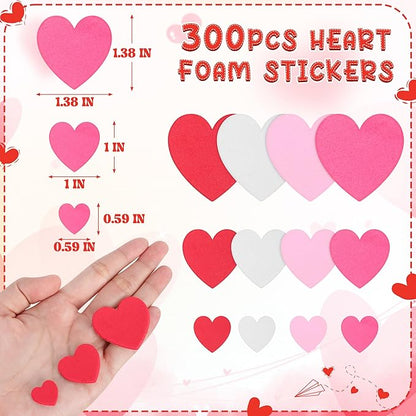 300 PCS Valentines Stickers, Matte Foam Heart Stickers, 3 Sizes Hearts for Crafts, Rose Red Self-Adhesive Valentines Foam Stickers for DIY Wedding Birthday Valentine's Dating