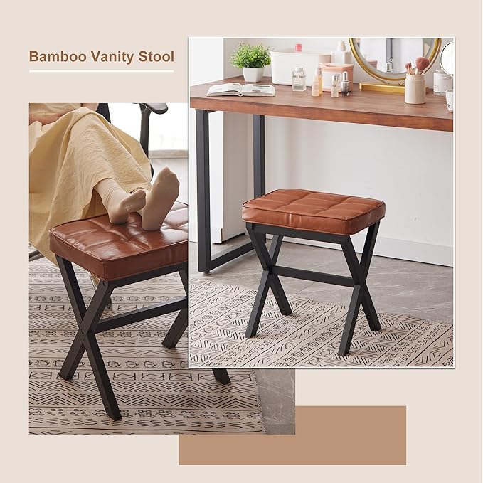 FILWH Foot Stool Small Ottoman - Padded Desk Foot Rest for Under Office Desk, Vanity, Sofa - Bamboo Footstool Shoe Stool (Black Legs + Reddish Brown)