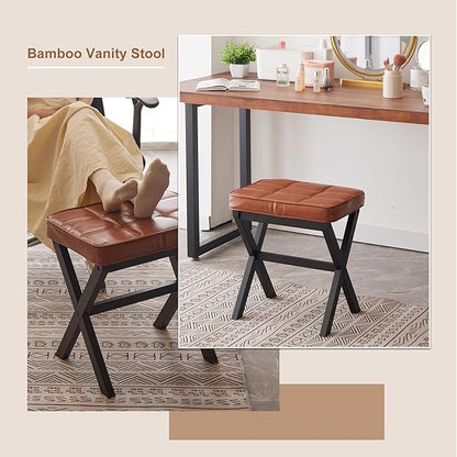 FILWH Foot Stool Small Ottoman - Padded Desk Foot Rest for Under Office Desk, Vanity, Sofa - Bamboo Footstool Shoe Stool (Black Legs + Reddish Brown)