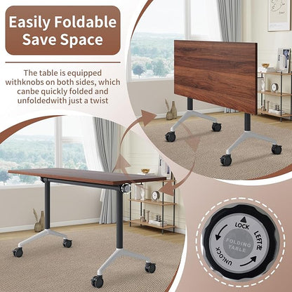 Conference Room Table, Folding Conference Table with Silent Wheels, Modular Flip Top Mobile Training Tables for Office, Training Room, Meeting Rooms, School, 2-16 Person (4, Walnut, 61in)
