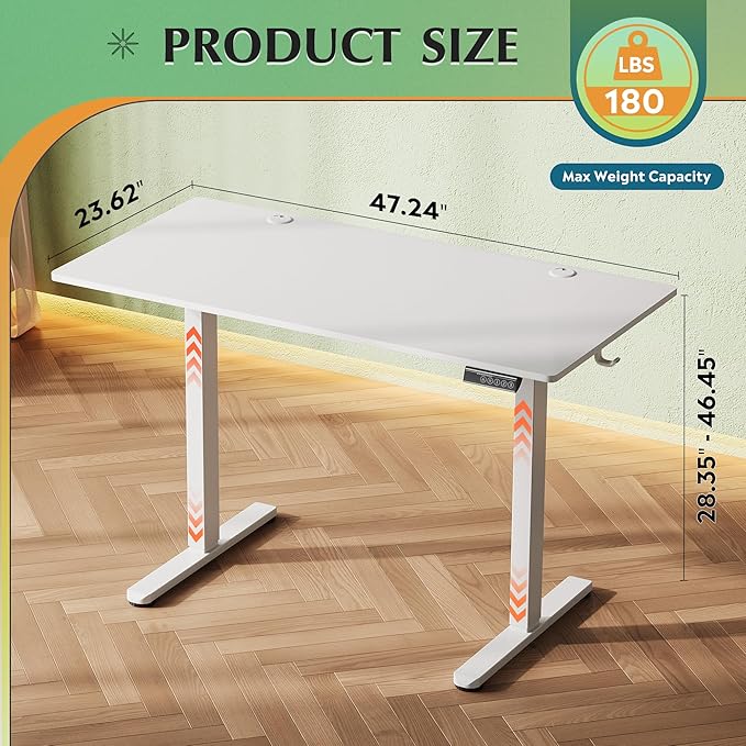 DEVAISE Whole Piece Standing Desk, 48 x 24 Inch Electric Standing Desk with Adjustable Height, 3-Preset Memory Sit Stand up Desk, One Piece Desktop Computer Desk for Home, Office (White)