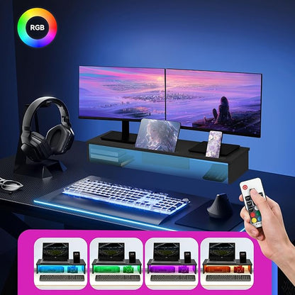 Dual Monitor Stand Riser with LED Lights and Phone Tablet Holder, 35.8in Large Monitor Stand for Desk, Computer Monitor Stand for 2 Monitors, Desktop Shelf Organizer for Laptop, Printer, TV