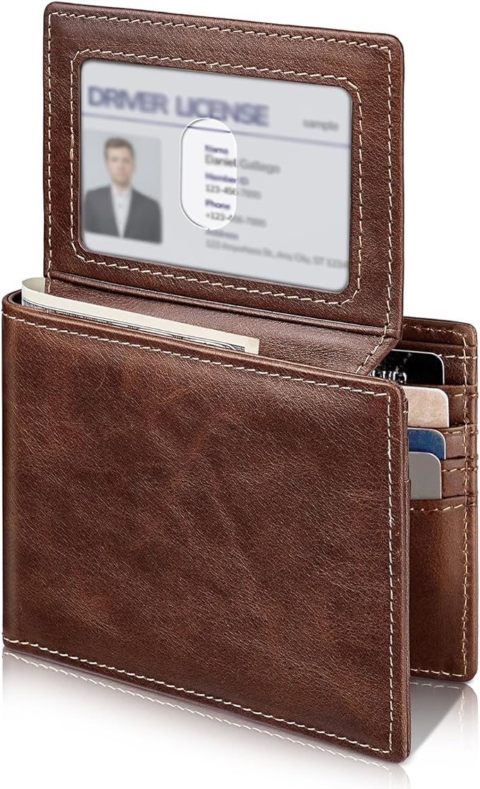 Mens Wallet Bifold Genuine Leather RFID Blocking Wallet for Men with 2 ID Windows 11 Card Holders 2 cash pockets 1 Gift Box