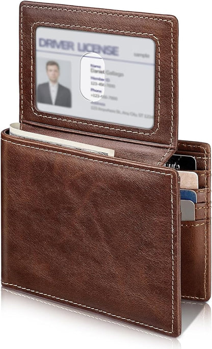 Mens Wallet Bifold Genuine Leather RFID Blocking Wallet for Men with 2 ID Windows 11 Card Holders 2 cash pockets 1 Gift Box