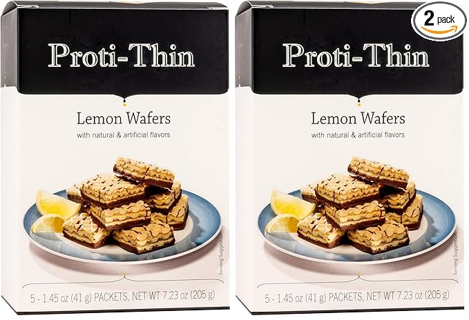 Proti-Thin High Protein Lemon Wafer Squares, Low Sugar, Low Carb, Aspartame Free, Diet Wafer Bars, Healthy Snack, 5 Servings, 2 Wafers per Serving (Pack of 2)