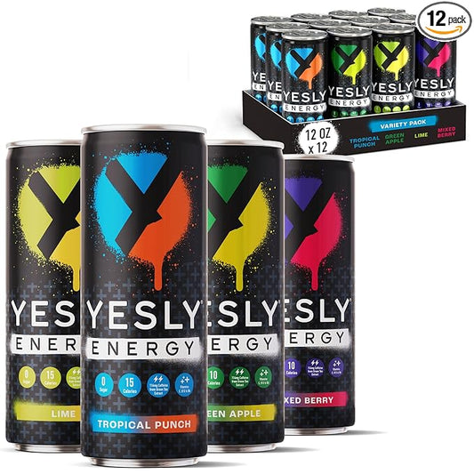Yesly Energy Drink, Variety Pack, Naturally Flavored Sparkling Energy Drink With Electrolytes, Magnesium, Potassium, Vitamin C, B6 & B12, Natural Caffeine From Green Tea, 12 Fl Oz Cans, 12 Pack