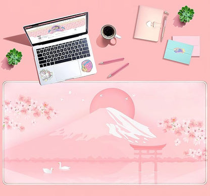 Cherry Blossom Mouse Pad Kawaii Pink Floral Desk Mat, Japanese Pastel Sakura Large Anime Gaming Mousepad XXL, Cute Aesthetic Mount Fuji Japan Keyboard Mats for Women Office Desk Pads 31.5"x15.75"
