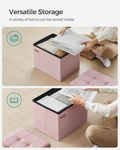 SONGMICS MAZIE Collection - Small Folding Storage Ottoman, Foot Rest Stool, 12.2 x 16.1 x 12.2 Inches, 286 lb Load Capacity, for Living Room, Bedroom, Home Office, Dorm, Jelly Pink ULSF102R01