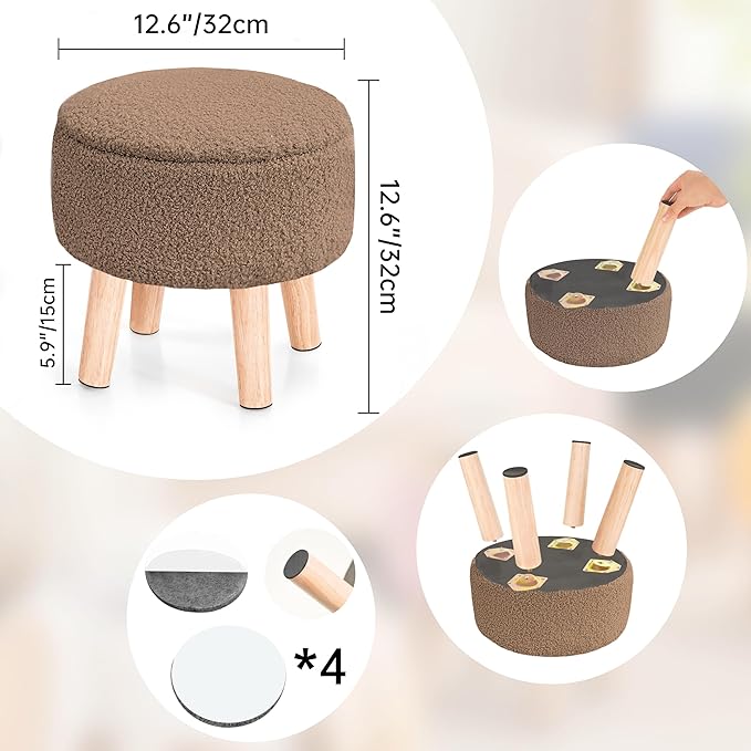 Poofzy Small Ottoman with Storage, Small Foot Stool Ottoman with Wood Legs, Sherpa Foot Rest for Couch, Living Room and Bedroom - Brown