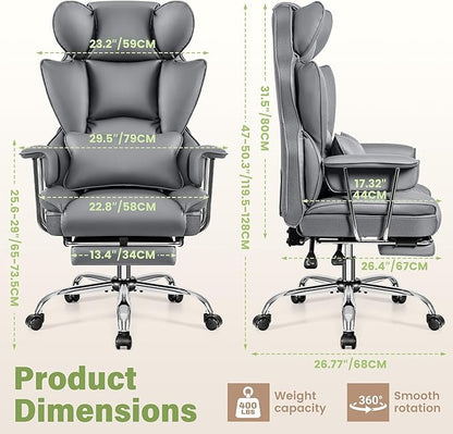 Office Desk Chair, Big and Tall Executive Office Chairs with Footrest, Large Leather Computer Gaming Chair for Adult, Ergonomic Reclining Chair High Back with Lumbar Support, Gray