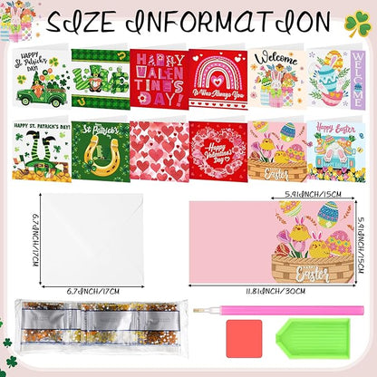 Saillong 12 Pack Valentines Diamond Painting Greeting Card Kits DIY Diamond Art Cards St Patricks Day Easter 5d Diamond Painting Cards with Envelopes for Adults DIY Crafts Family Friend Holiday Gifts