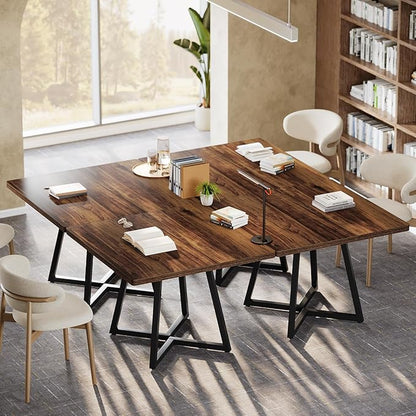 Tribesigns 31.5" Square Conference Table Set of 6, 8 ft Industrial Office Meeting Table for 8-10 People, Business Podcast Furniture with Metal Base for Small Spaces, Office Conference, Brown & Black