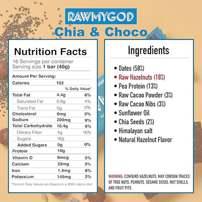 RAWMYGOD Fruit and Nut Bars, Gluten Free, Vegan, No Added Sugar (16 bars, Protein Pack - 4 Orange & Hazelnut, 4 Fruit & Nut, 4 Chia & Choco, 4 Peanut & Cacao)