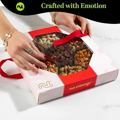 NUT CRAVINGS - Thanksgiving Mixed Nuts Gift Basket in Red Gold Box (7 Assortments, 2 LB) Holiday Xmas Christmas Food Arrangement, Healthy Snack Care Package, Food Assortments