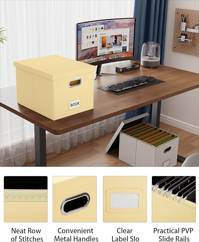 2 Pack File Storage Organizer Box, Portable Document Box with Lid,Fit for Letter/Legal File Folder Storage,Cream-yellow(Leather)