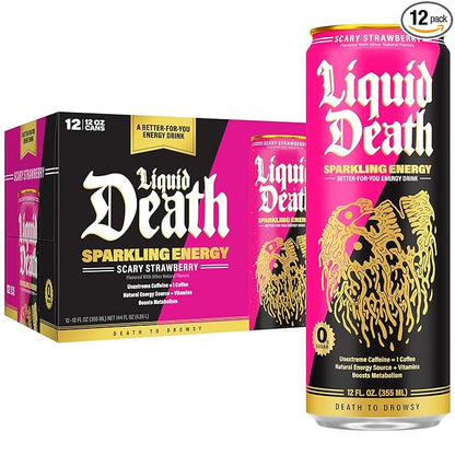 Liquid Death Scary Strawberry, Strawberry and Lemon-Flavored Sparkling Energy, Sugar-Free Energy Drink, 100mg Caffeine, 12 Fl Oz (Pack of 12)