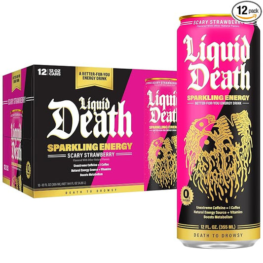 Liquid Death Scary Strawberry, Strawberry and Lemon-Flavored Sparkling Energy, Sugar-Free Energy Drink, 100mg Caffeine, 12 Fl Oz (Pack of 12)