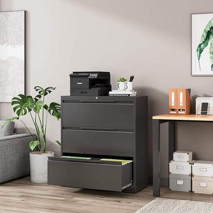 Lateral File Cabinet, 3 Drawer Lateral File Cabinet with Lock, Lockable Metal File Cabinet for Home Office, File Cabinet for Letter/Legal/F4/A4 Size (Black, 3 Drawer)