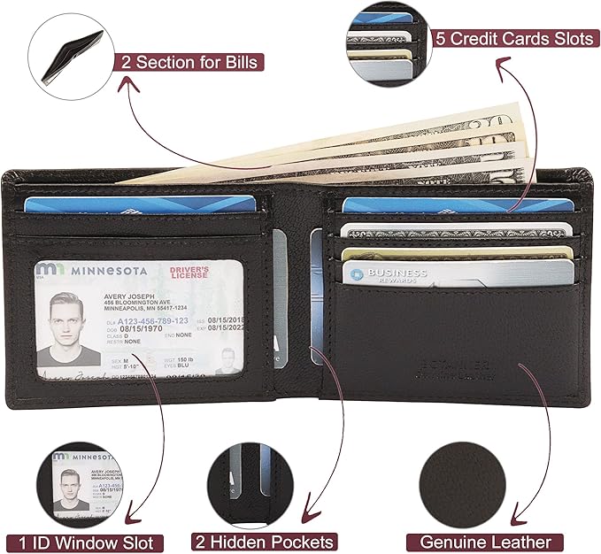 Genuine Leather Mens Bifold Wallet RFID Blocking 5 Credit Card Slots 1 ID Window 2 Sections for Bills 2 Additional Slots | Ink Black