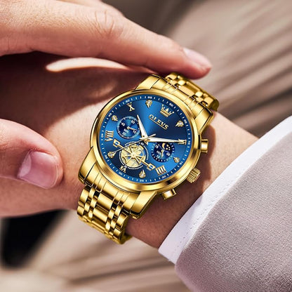 OLEVS Men Watches Stainless Steel Chronograph Watch, Large Wrist Analog Quartz Watch, Fashion Waterproof Diamond Roman Numerals Dress Watches for Men, Gold/Black/White/Blue/Grey Dial