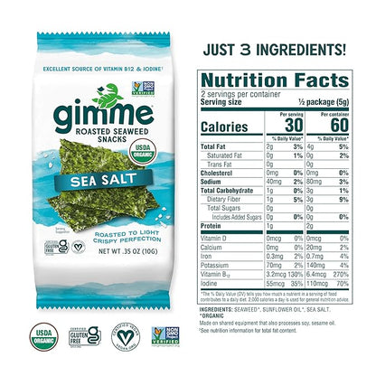 Gimme Seaweed Organic Premium Roasted Seaweed Snacks, Sea Salt, 12 Count Sharing Size, Keto, Vegan, Gluten-Free, Great Source of Omega3s and Iodine, Healthy On-The-Go Snack for Kids and Adults