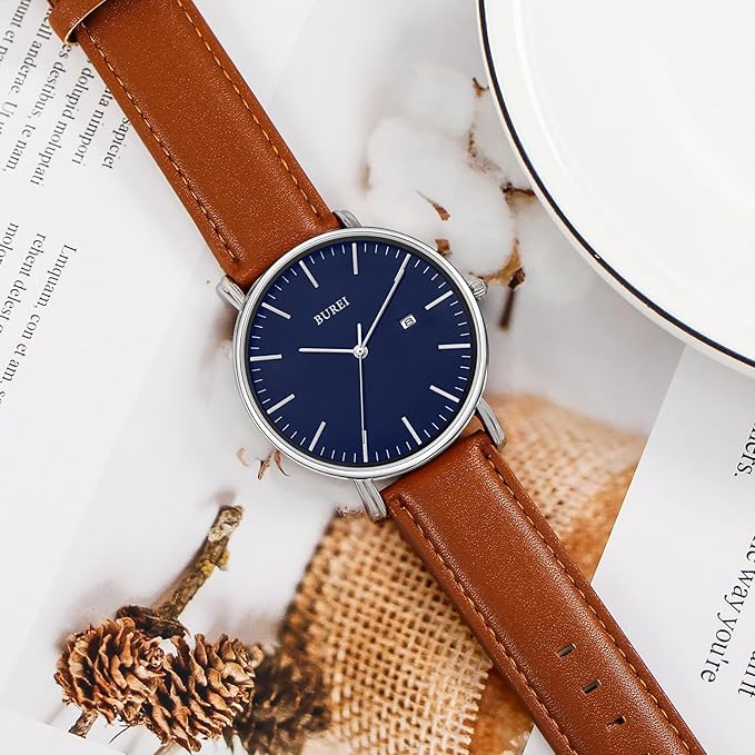 BUREI Men Watches Brown Leather Fashion Minimalist Wrist Watch Simple Ultra Thin Waterproof Quartz Watches All Black Stainless Steel Mesh Band,Gift for Men Women