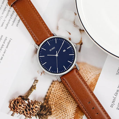 BUREI Men Watches Brown Leather Fashion Minimalist Wrist Watch Simple Ultra Thin Waterproof Quartz Watches All Black Stainless Steel Mesh Band,Gift for Men Women
