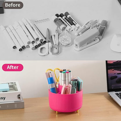 Hot Pink Desk Accessories, Hot Pink Office Supplies 360°Pen Holder Desk Organizers and Accessories with Tape Dispenser, Stapler, Staple Remover, 1000 Staples, Tape, Clips Set, Ruler, Scissor, Pen