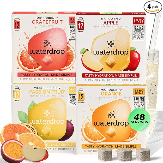 Waterdrop Hydration Cubes with Vitamin C, B Vitamins and Electrolytes, 4 Flavor Electrolyte Variety Pack, Flavored Water Enhancer Cubes for Still & Sparkling Water, Low Calorie, Sugar Free, 48 Count