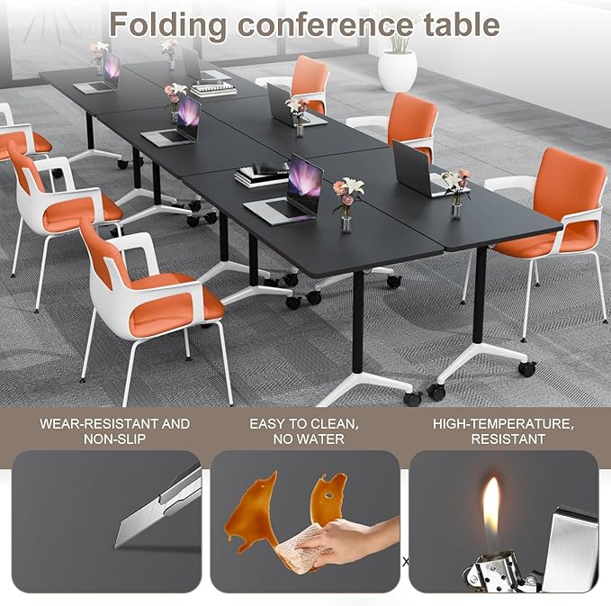 Folding Conference Table, Rectangular Conference Room Tables, Mobile Modular Training Table, Solid Steel Frame,Thickened Panel,for Offices,Meeting Room,Offices andSchools (8, Black, 47in)