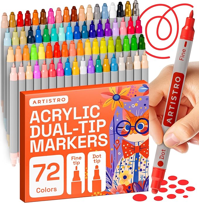 ARTISTRO 72 Acrylic Paint Markers for Rock, Fabric, Wood, Glass, Decoration - Dual-Tip Paint Pens for Coloring Books for Adults, Teens, Kids - Art and Craft Supplies Kit - Gift Idea
