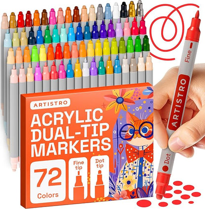 ARTISTRO 72 Acrylic Paint Markers for Rock, Fabric, Wood, Glass, Decoration - Dual-Tip Paint Pens for Coloring Books for Adults, Teens, Kids - Art and Craft Supplies Kit - Gift Idea