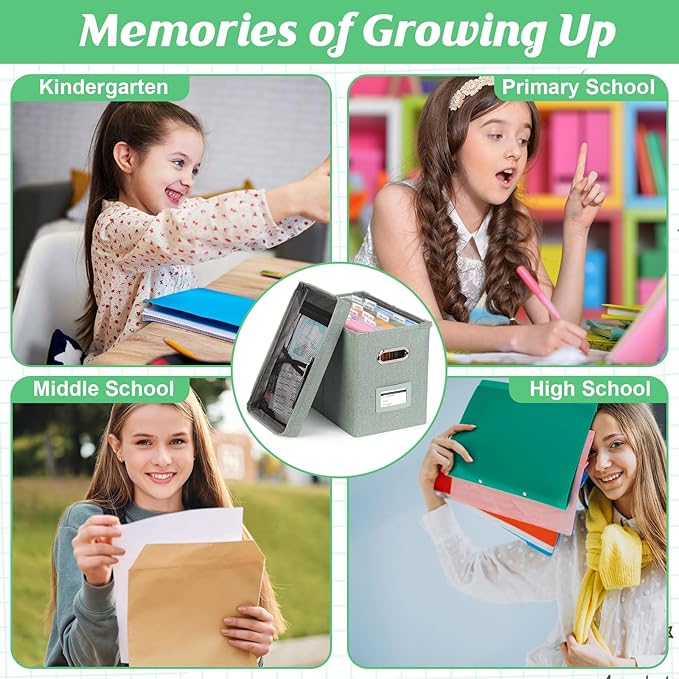 DOSTATNI School Years Organizer Kit K-12 School Years Memory Keeper with 15 Hanging File Folders Plastic 4 different Labels Memory Keepsake Box for kids Storage Pictures File Keeper (Letter Size)