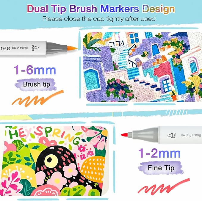 Taotree Alcohol Markers Brush Tip, 61 Pastel Colors Brush Markers Dual Tip Coloring Markers Pens, Brush & Fine Tip Sketch, Drawing Art Supplies Gift for Artist Adult Coloring Book Painting, Sketching