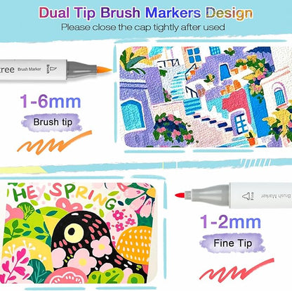 Taotree Alcohol Markers Brush Tip, 61 Pastel Colors Brush Markers Dual Tip Coloring Markers Pens, Brush & Fine Tip Sketch, Drawing Art Supplies Gift for Artist Adult Coloring Book Painting, Sketching