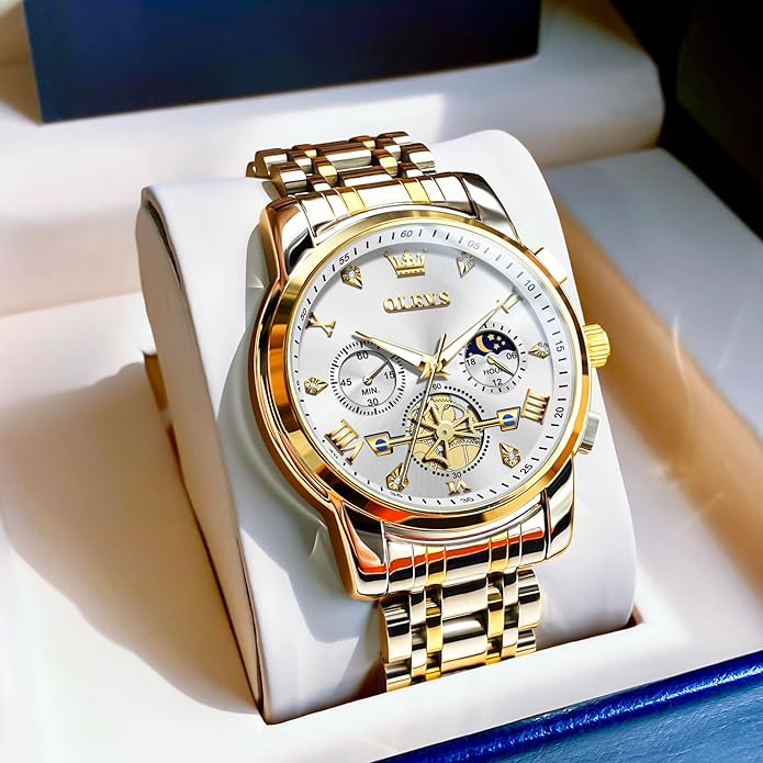 OLEVS Men Watches Stainless Steel Chronograph Watch, Large Wrist Analog Quartz Watch, Fashion Waterproof Diamond Roman Numerals Dress Watches for Men, Gold/Black/White/Blue/Grey Dial