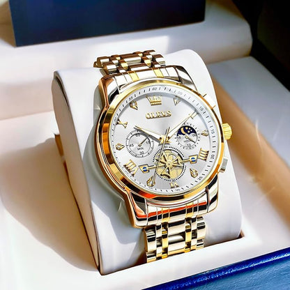 OLEVS Men Watches Stainless Steel Chronograph Watch, Large Wrist Analog Quartz Watch, Fashion Waterproof Diamond Roman Numerals Dress Watches for Men, Gold/Black/White/Blue/Grey Dial