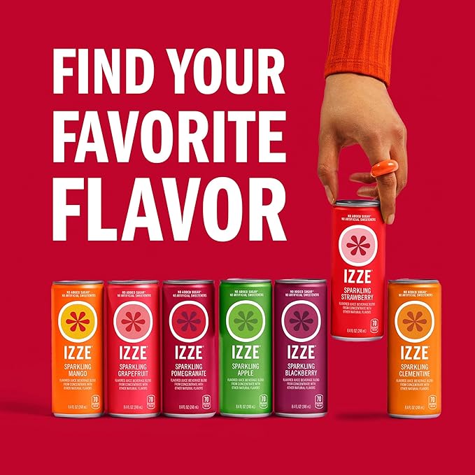 IZZE Sparkling Water Juice Beverage Blend, Strawberry, No Sugar Added, 8.4 FL OZ, 24 Cans