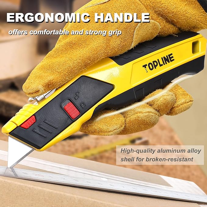 TOPLINE Heavy Duty Auto-Loading Utility Knife, Safety Box Cutter Knife for Quick Blade Change, Box Cutter Retractable with Blade Storage, 5-Piece SK5 Blades Included