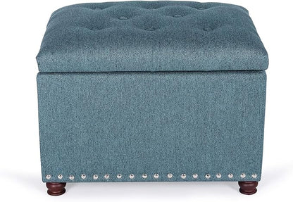 Adeco Rectangular Storage Ottoman Foot Rest Stool, Fabric Button Tufted Storage Ottoman with Hinged Lid (Cyan)