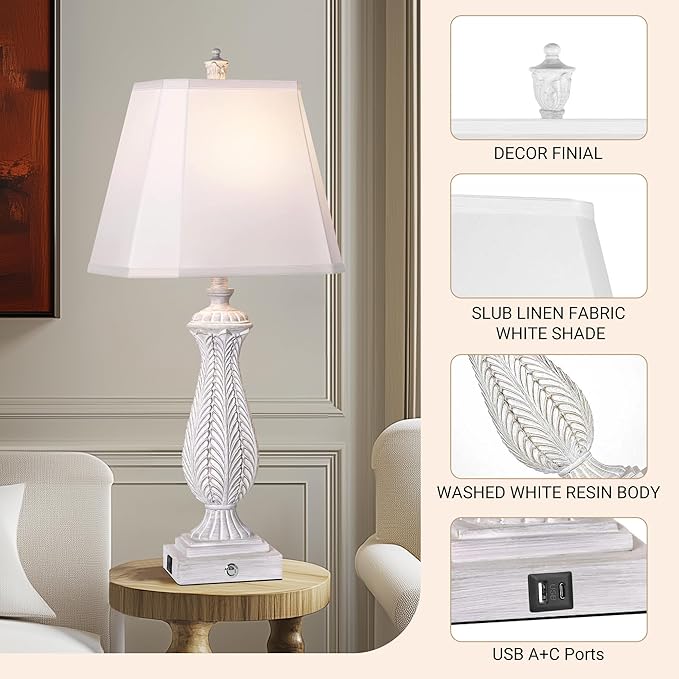 3-Way Dimmable Table Lamps for Bedrooms Set of 2, 30" H Touch Lamps for Living Room with with USB & Type-C Ports, White Mermaid Bedside Lamp for Nightstand, Resin Farmhouse Rustic Lamp with 2 Bulb