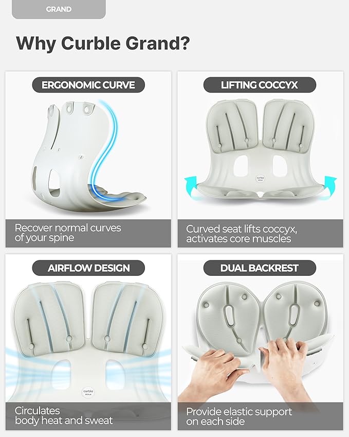 curble Grand(Extra Wide & Sturdy) – Ergonomic Back and Lumbar Support for Good Posture Correction and Back Pain Relief, Perfect for Office, Floor Seat and Work from Home, Patented (Grey)