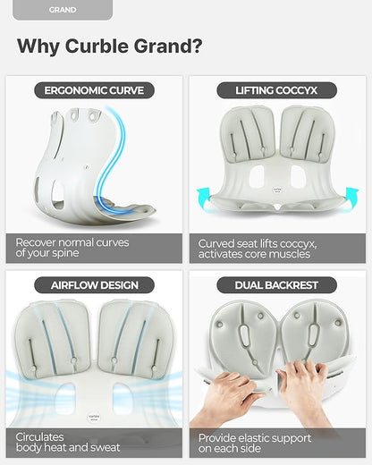 curble Grand(Extra Wide & Sturdy) – Ergonomic Back and Lumbar Support for Good Posture Correction and Back Pain Relief, Perfect for Office, Floor Seat and Work from Home, Patented (Grey)