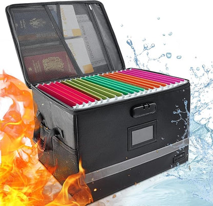 Fireproof Document Box with Lock, Waterproof File Safe Box Anti-Static Collapsible Portable Office Home File Cabinet with Reflective Strip for important Hanging Letter & Legal Folder Certificate