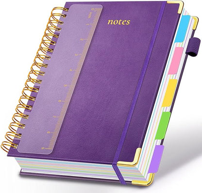 Hardcover Spiral Notebook 8"x10" Journal Notebook with Tabs and Removable Dividers 300 Pages 5 Subject Notebook College Ruled, Faux Leather Spiral Bound Notebook for Women School Work (Purple)